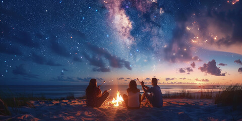 a group of friends enjoying a bonfire on the beach, roasting marshmallows under a starry sky realistic stock photo