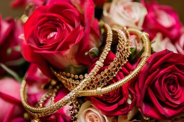bracelets and necklaces draped over a rose bouquet - 769871312