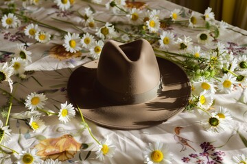 fedora hat on a table surrounded by daisies - 769871315
