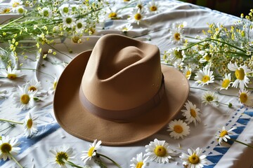 fedora hat on a table surrounded by daisies - 769871334