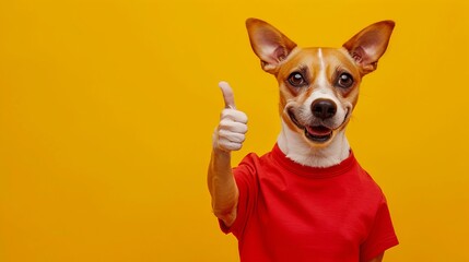 Dog in Red Shirt Giving Thumbs Up - obrazy, fototapety, plakaty