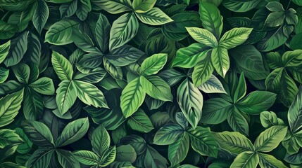 Green plant and leaf pattern, hand drawn botanical illustration in vintage style, 4k wallpaper - obrazy, fototapety, plakaty