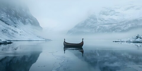A lone Viking ship rests in a frozen fjord surrounded by mist and icy stillness. Concept Viking Ship, Frozen Fjord, Misty Atmosphere, Icey Stillness, Lone Adventure