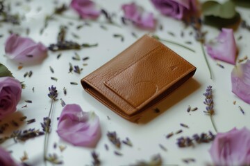 wallet on a surface with petals and lavender around - 769871522