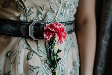 belt cinched on a dress with a carnation pinned - 769871537