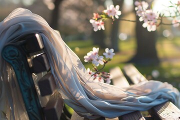 scarf entwined with cherry blossoms on a bench - 769871541