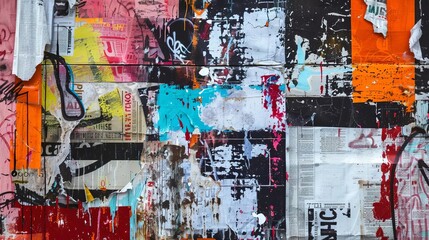 Grungy collage of torn newspapers, bold graffiti, and vibrant abstract painting, edgy urban graphic design