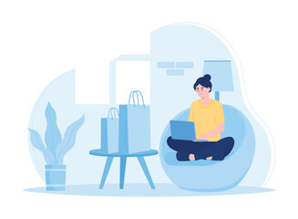 Online shopping  woman sitting in chair using laptop concept flat illustration