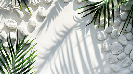 White stone wall with palm leaves shadow on white background. 3d rendering - Powered by Adobe