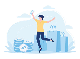 A woman shopping online using a cellphone concept flat illustration