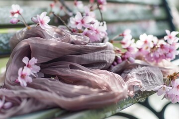 scarf entwined with cherry blossoms on a bench - 769871700