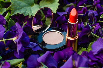 lipstick and compact mirror amid a bed of violets - 769871770