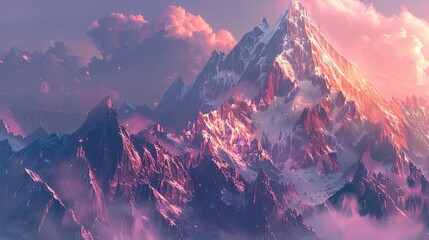 Surreal pink skies embrace majestic snowy peaks in a breathtaking mountain vista. - obrazy, fototapety, plakaty