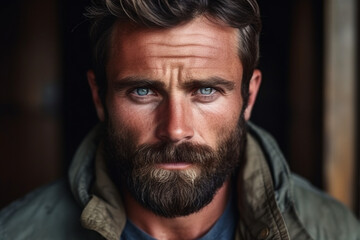 Portrait of rugged handsome man looking to camera with solemn expression - obrazy, fototapety, plakaty