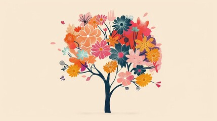 Human brain tree with colorful flowers, mental health and self-care concept illustration