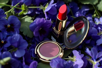 lipstick and compact mirror amid a bed of violets - 769871953