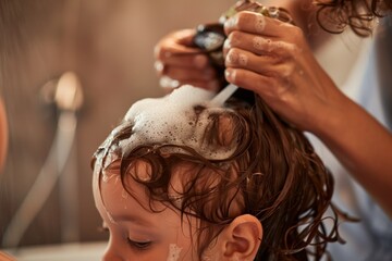 child washing hair with a parents help using a solid shampoo - 769871959