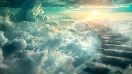 Ethereal Stairway to the Heavens A Mystical Journey of Spiritual Transcendence - obrazy, fototapety, plakaty
