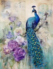 Obraz premium watercolor of peacock bird, Journal page retro vintage and romanticism with floral garden and old torn paper