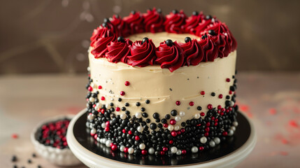 Birthday cake with red and black berries on a white background.