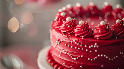 Closeup of red birthday cake with pink frosting and white pearls