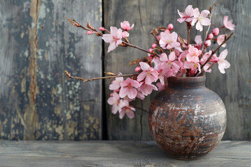 A bouquet of cherry blossoms in a rustic vase with weathered wooden backdrop, serene springtime vibe.