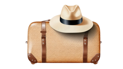 Travel luggage bag and a straw hat isolated on transparent a white background