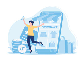 A woman shopping online using a cellphone concept flat illustration