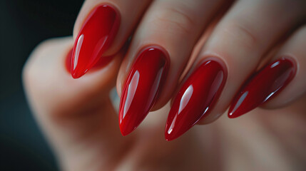 Female hand with red manicure and nail design. Red nail polish manicure.