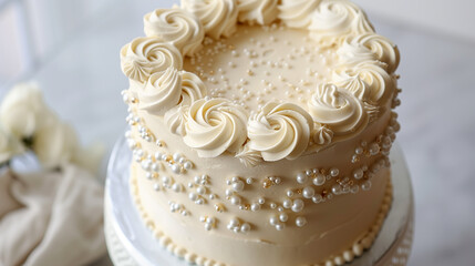 Cake decorated with white cream and pearls on a white table