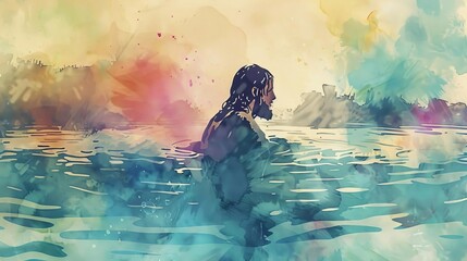 Jesus Christ being baptized in the Jordan River, abstract watercolor illustration - obrazy, fototapety, plakaty