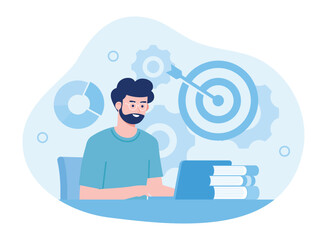 Concentration and focus on business goals  a worker works with a laptop concept flat illustration