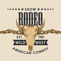 Banner for a Cowboy Rodeo show. Vector illustration with a skull of bull and lettering in retro style. Suitable for poster, label, flyer, invitation, t-shirt design - 769873116
