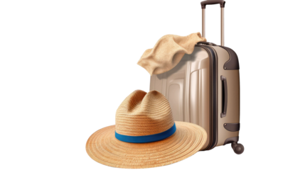 Travel luggage bag and a straw hat isolated on transparent a white background