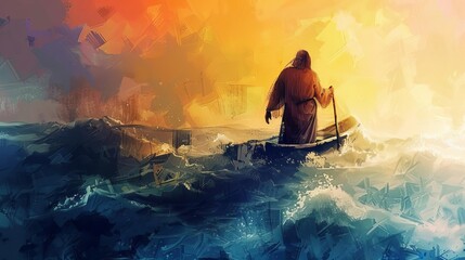 Jesus Christ walking on water, saving humanity illustration, biblical story, digital painting