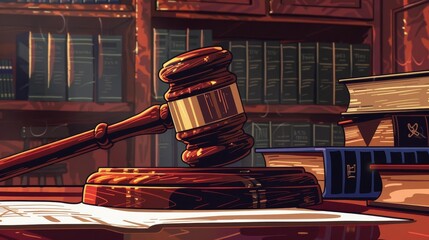 Judge's Gavel and Legal Books, Law Firm Courtroom and Office Space, Digital Illustration - obrazy, fototapety, plakaty