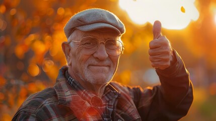 Joyful Senior Grandfather, Colorful Style, Active Lifestyle, Thumbs Up, Sunset Years Concept, Candid Portrait Photo - obrazy, fototapety, plakaty