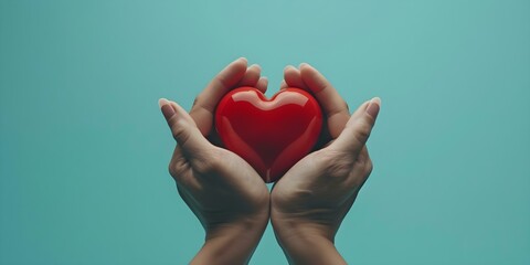 Fototapeta premium Health and Care Symbolized: Closeup of a Woman's Hands Holding a Red Heart Against a Blue Background. Concept Heart Health, Care and Love, Hands Symbolize Support, Blue Color Signifies Calmness
