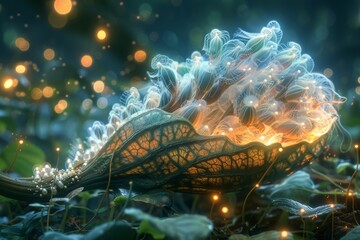 A seed pod releasing a cloud of spores that transform into ethereal beings of light - obrazy, fototapety, plakaty