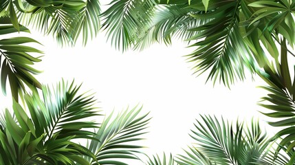 Fototapeta na wymiar Lush green palm tree leaves creating a fresh, tropical border isolated on white background, digital illustration