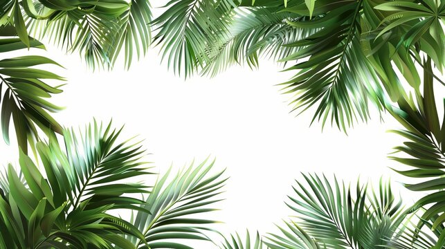 Lush green palm tree leaves creating a fresh, tropical border isolated on white background, digital illustration