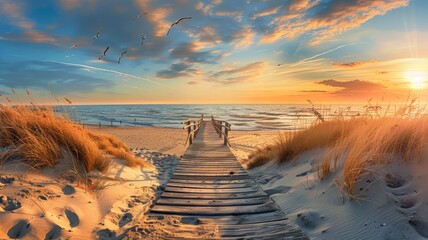 a wooden boardwalk leading to the sea at sunset, offering a mesmerizing panoramic view of dunes, grassland landscape, and seagulls soaring against a stunning sky. - Powered by Adobe