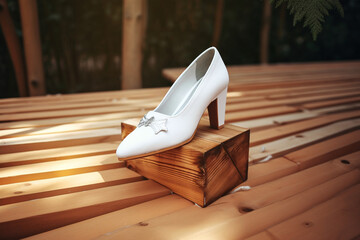 Beautiful white shoe displayed over a piece of wood, countryside outdoor V3