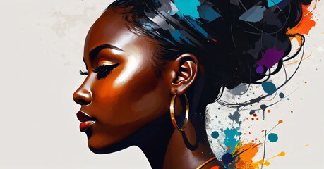 Profile of a young woman in abstract style. Luxurious jewelry, bright colors, makeup.
