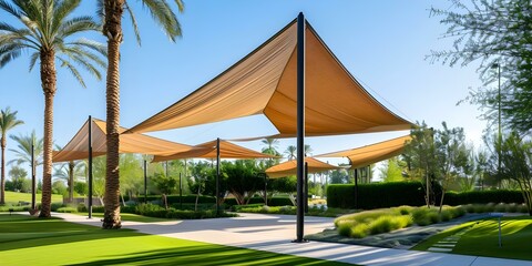 Innovative Shade Cover Structure Created by Stretching Large Pieces of Fabric. Concept Fabric Architecture, Shade Canopy, Innovative Design, Outdoor Structure, Creative Sun Protection