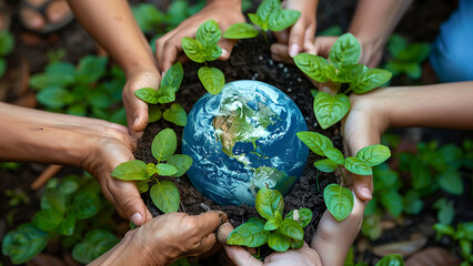 Multiracial human hands circling Earth globe.