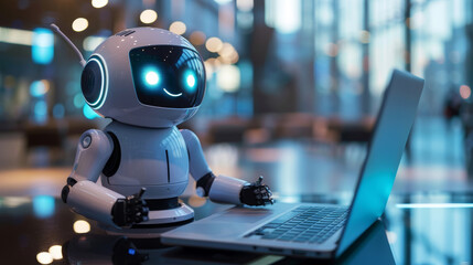 Cute friendly articifial intelligence robot using laptop computer, chatbot and AI assistant concept futuristic technology. - 769874162