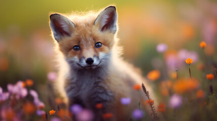 Fototapeta premium Playful fox kit frolicking among a carpet of wildflowers, celebrating the beauty of nature in spring.