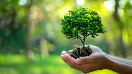 A person holds a plant in his hand. Saving the environment, saving clean planet, ecology concept.