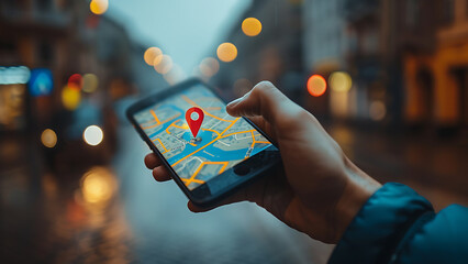 Woman holding smart phone with gps map navigation app with planned route on screen.